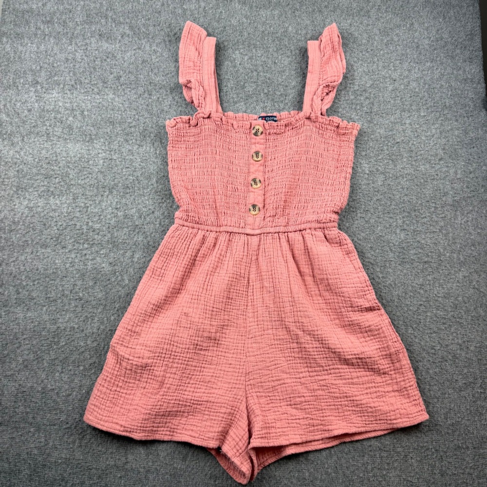 One Clothing Romper Women's Small Pink Smocked Gauze Ruffle Button Front